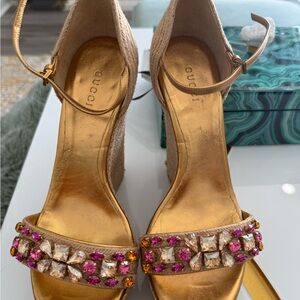 Gucci Gold Wedges with Pink and Orange Embellishments